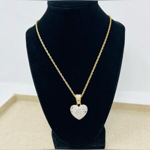 Vintage Swarovski Crystal Gold Tone Puffy Pave Heart Rope Chain Necklace Retired